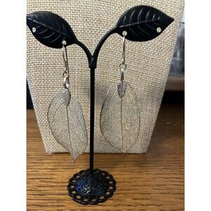 Gold Tone Leaf Earrings Dangle Drop Delicate Feather Dipped